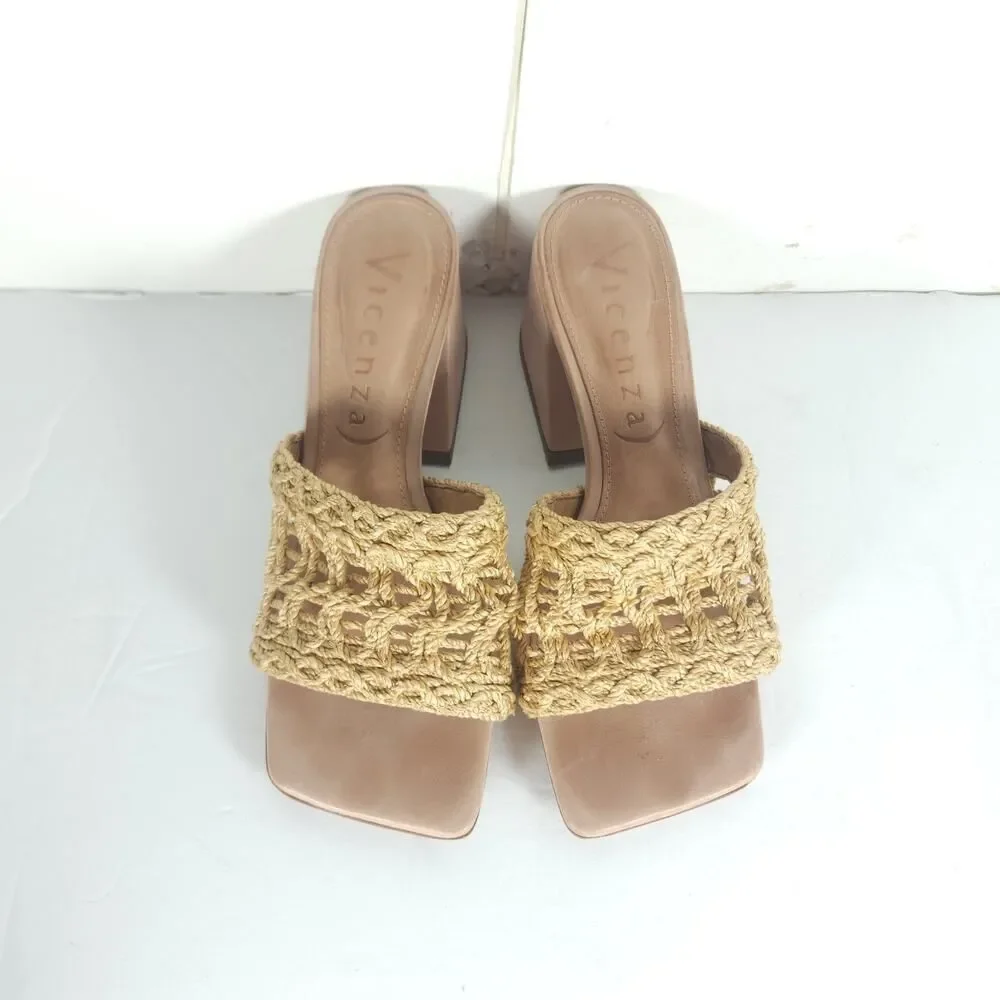 Vicenza Anthropologie Women's US6 Tan Woven Raffia Block Heel Slide Sandals
